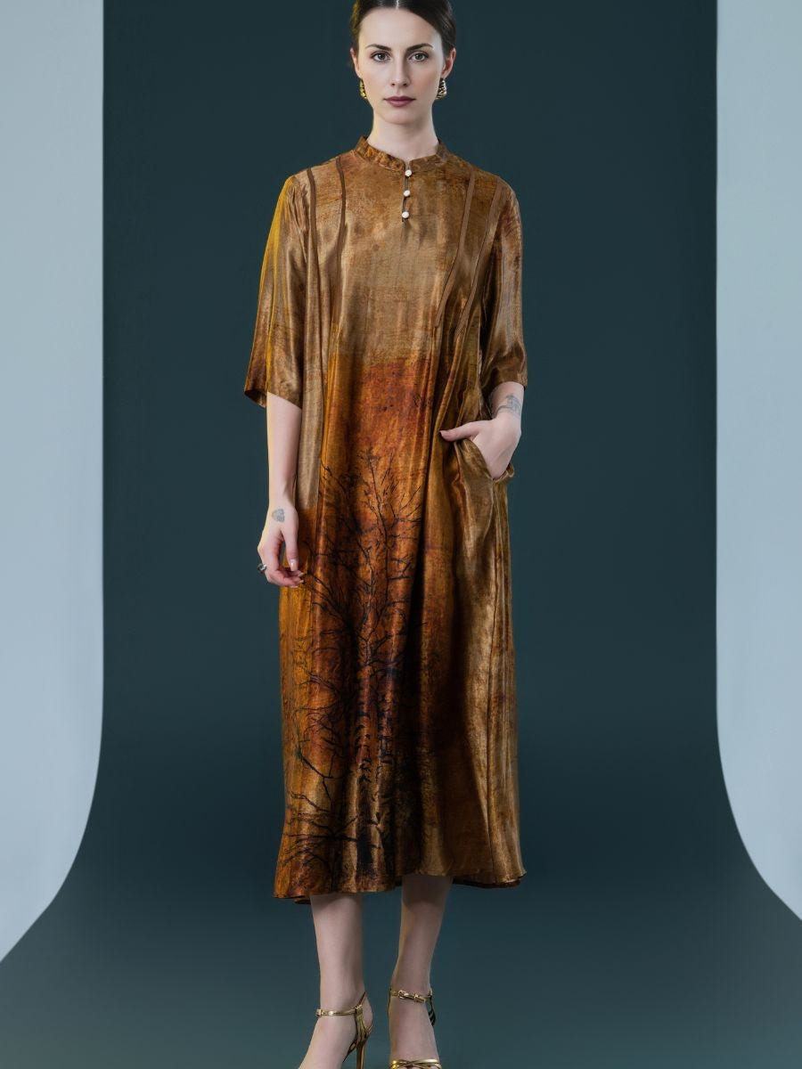 Geometric Print High-Neck Midi Dress