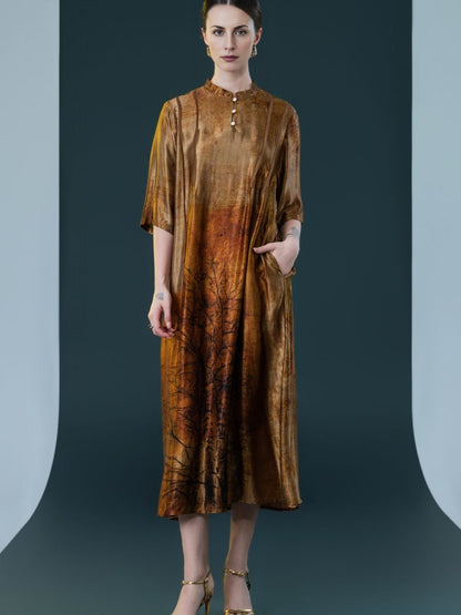 Geometric Print High-Neck Midi Dress