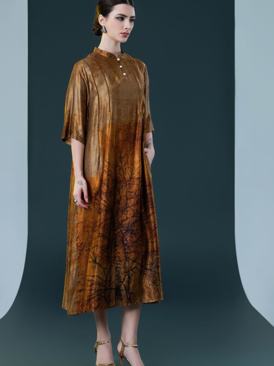 Geometric Print High-Neck Midi Dress