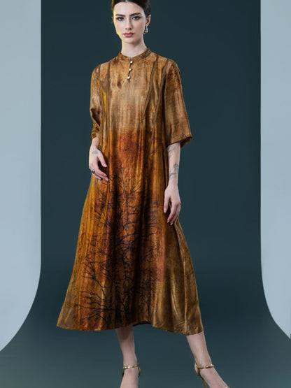 Geometric Print High-Neck Midi Dress