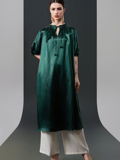 Emerald Green Satin Tunic with White Wide-Leg Pants