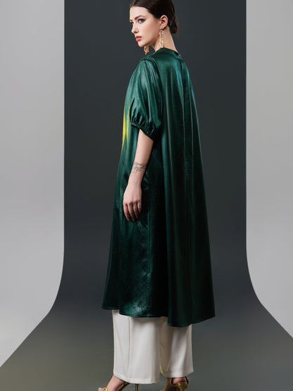 Emerald Green Satin Tunic with White Wide-Leg Pants