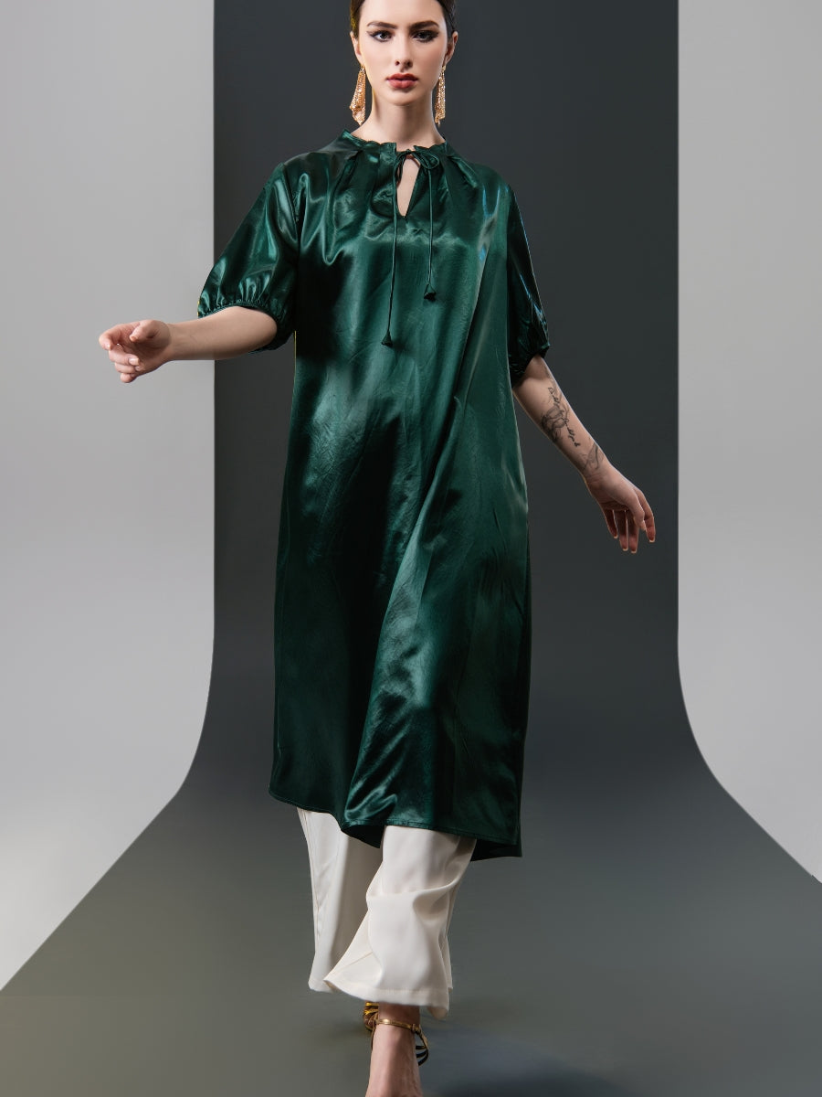 Emerald Green Satin Tunic with White Wide-Leg Pants