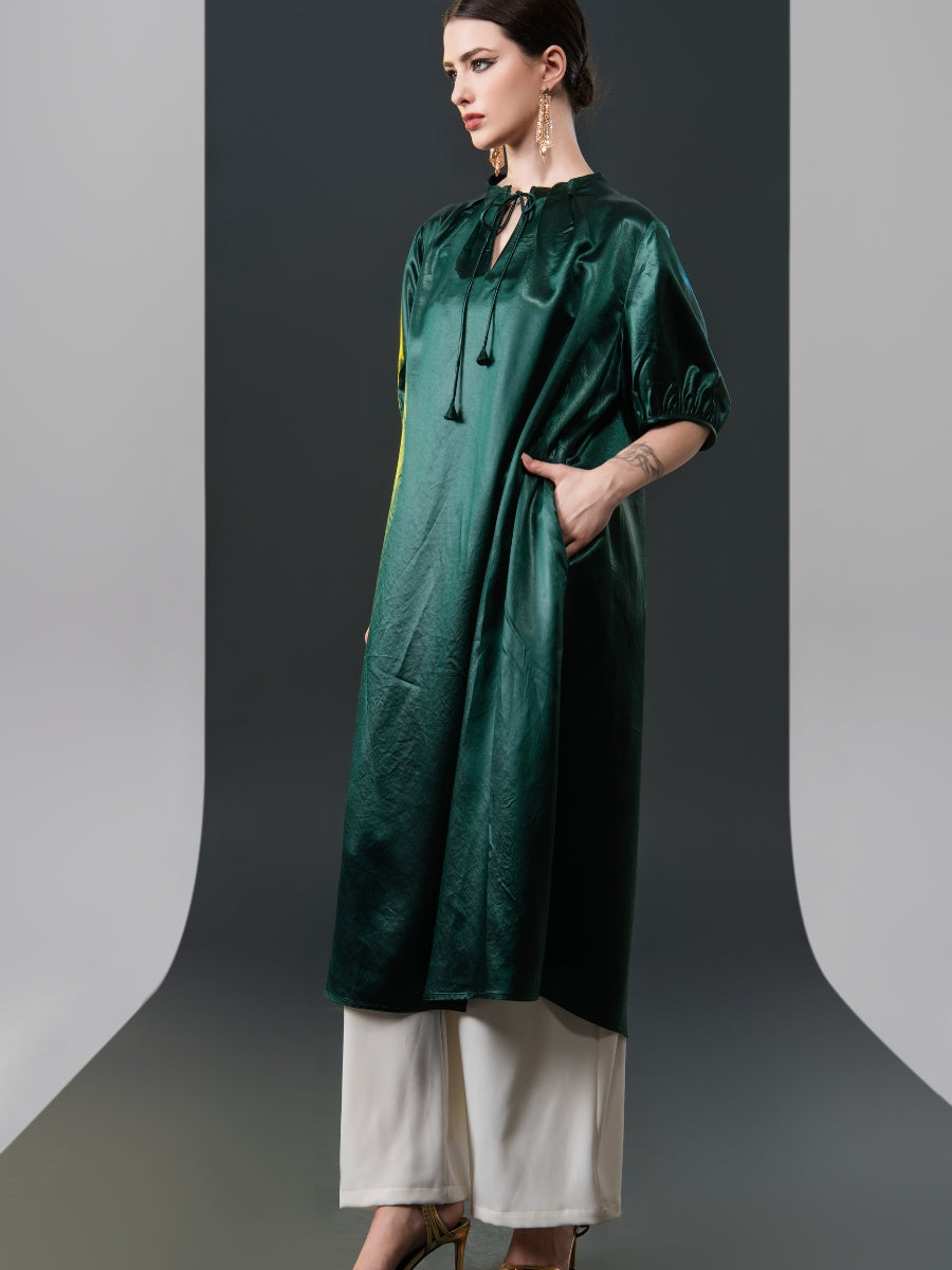 Emerald Green Satin Tunic with White Wide-Leg Pants