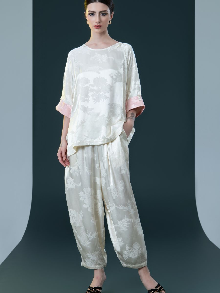 Ivory Floral Satin Two-Piece Set with Pink Cuffs