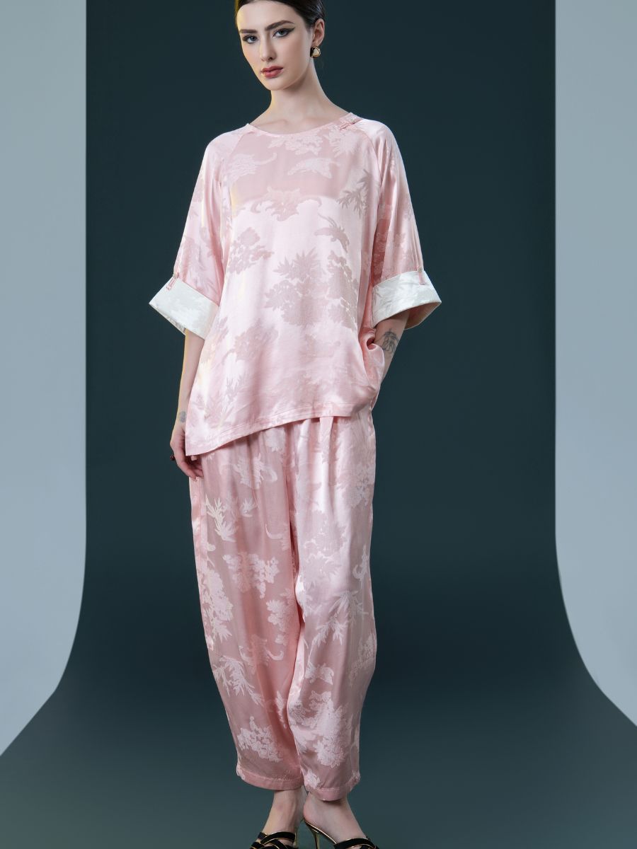 Ivory Floral Satin Two-Piece Set with Pink Cuffs