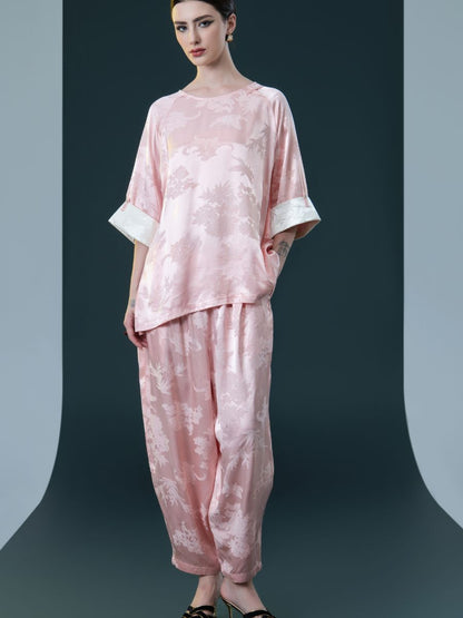 Ivory Floral Satin Two-Piece Set with Pink Cuffs