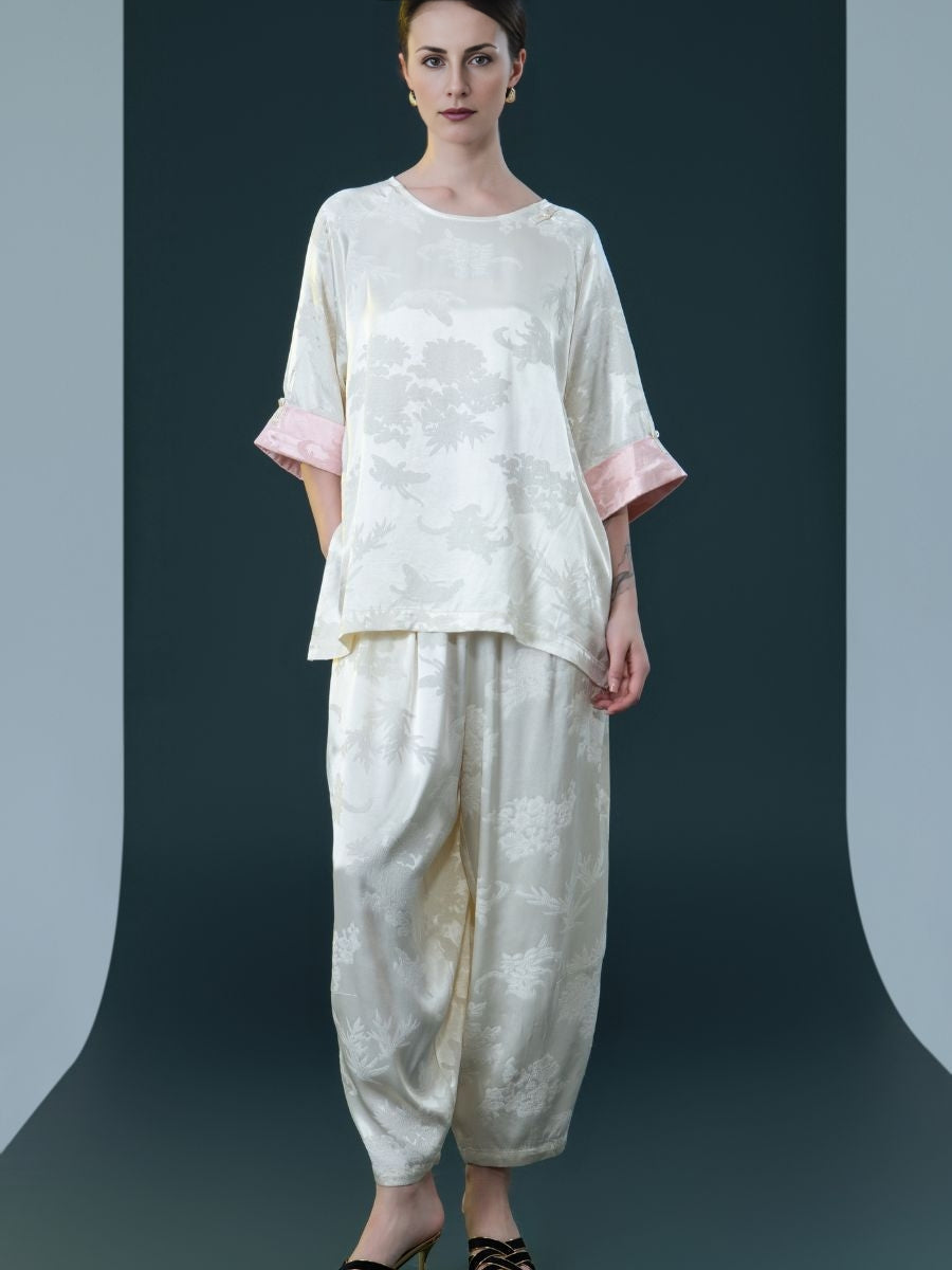 Ivory Floral Satin Two-Piece Set with Pink Cuffs