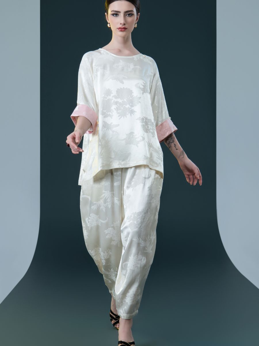 Ivory Floral Satin Two-Piece Set with Pink Cuffs