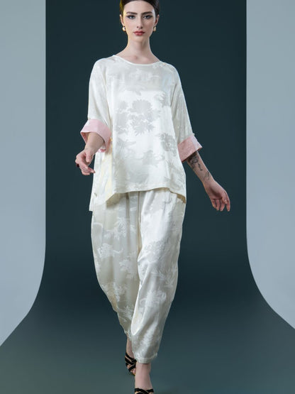 Ivory Floral Satin Two-Piece Set with Pink Cuffs