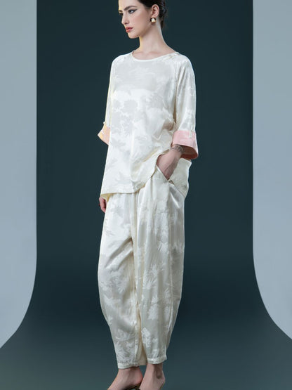 Ivory Floral Satin Two-Piece Set with Pink Cuffs