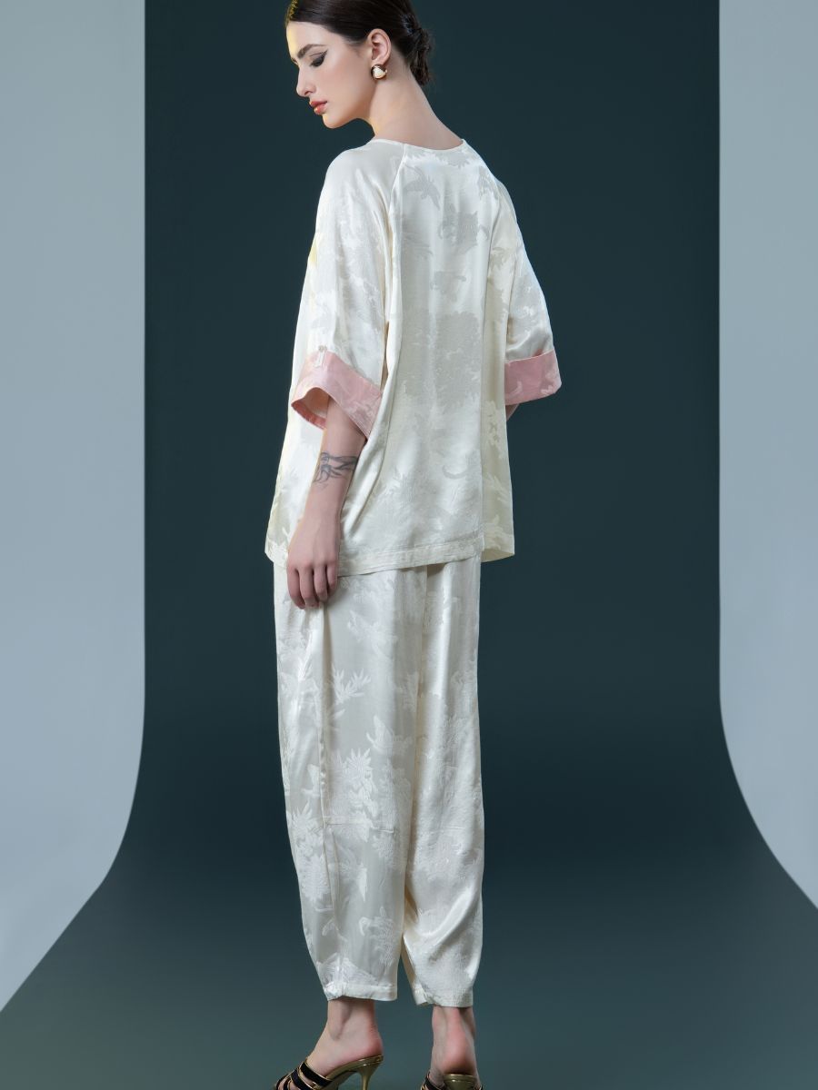 Ivory Floral Satin Two-Piece Set with Pink Cuffs