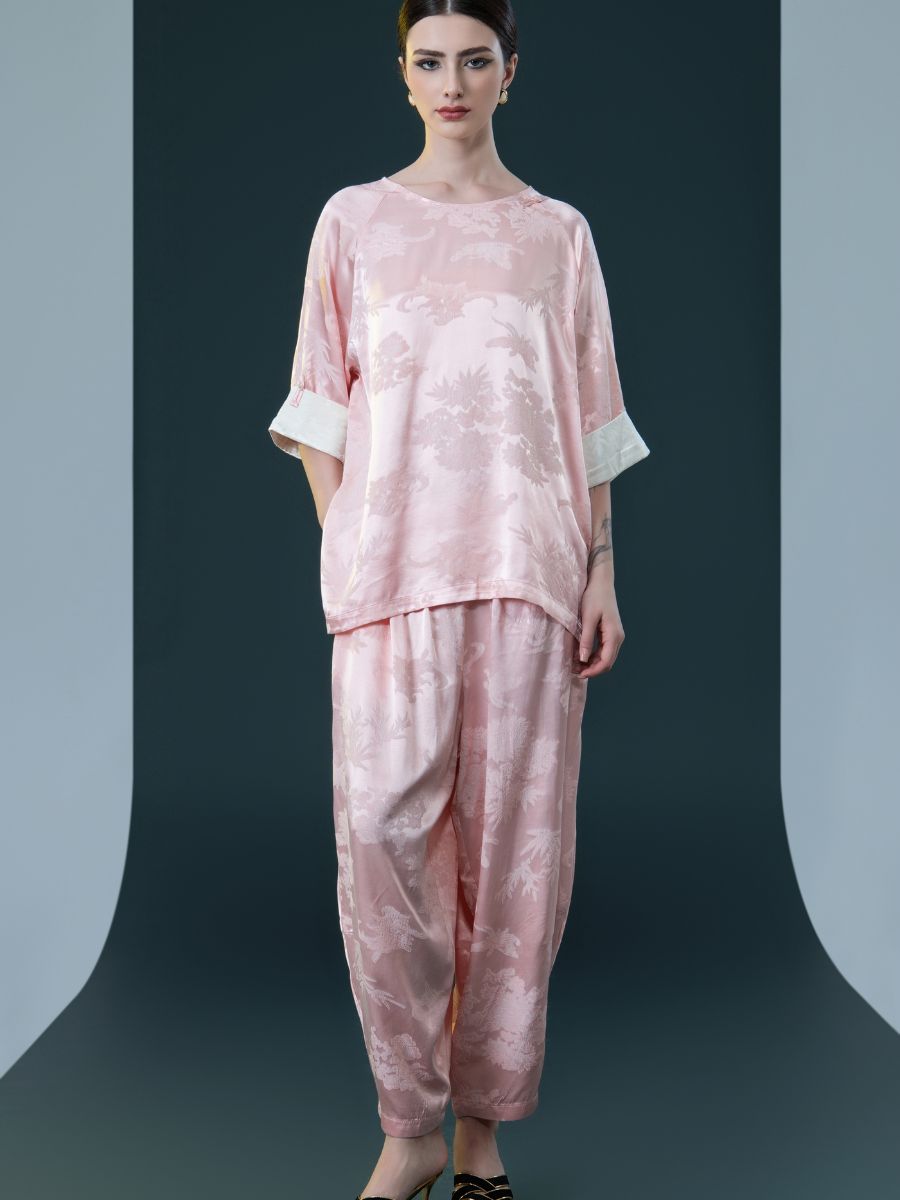 Ivory Floral Satin Two-Piece Set with Pink Cuffs