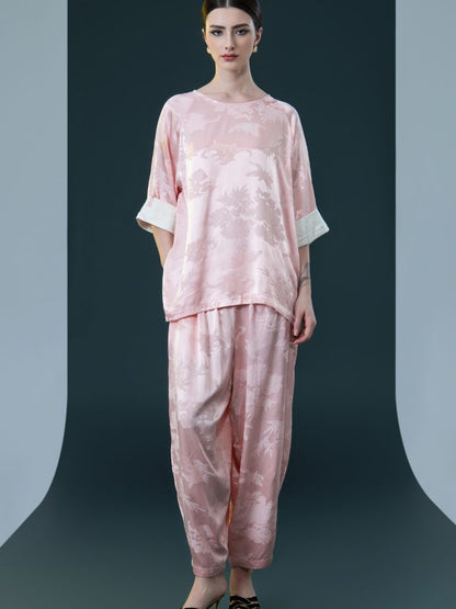 Ivory Floral Satin Two-Piece Set with Pink Cuffs