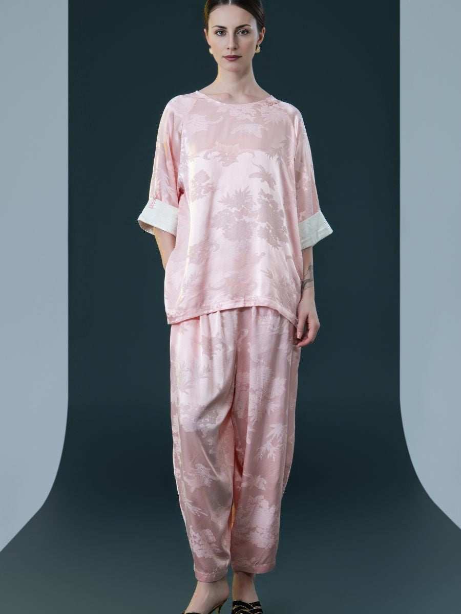 Ivory Floral Satin Two-Piece Set with Pink Cuffs