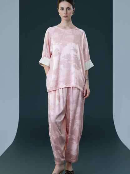 Ivory Floral Satin Two-Piece Set with Pink Cuffs