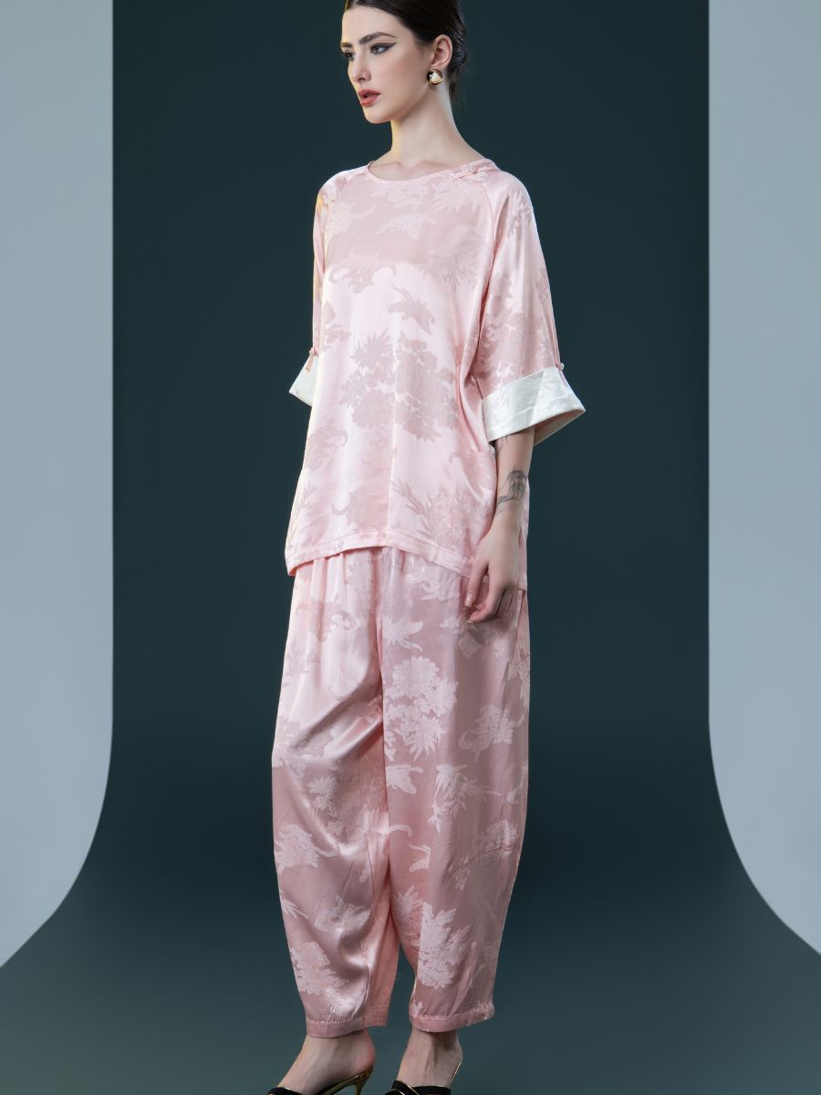 Ivory Floral Satin Two-Piece Set with Pink Cuffs