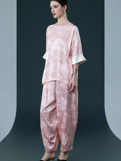 Ivory Floral Satin Two-Piece Set with Pink Cuffs