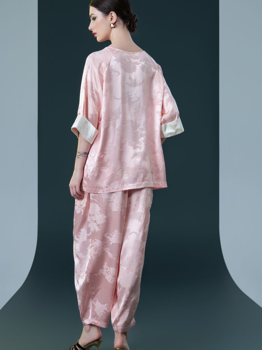 Ivory Floral Satin Two-Piece Set with Pink Cuffs