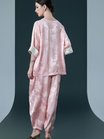 Ivory Floral Satin Two-Piece Set with Pink Cuffs