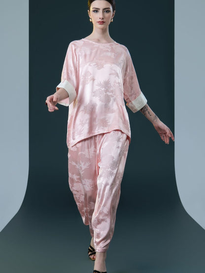 Ivory Floral Satin Two-Piece Set with Pink Cuffs