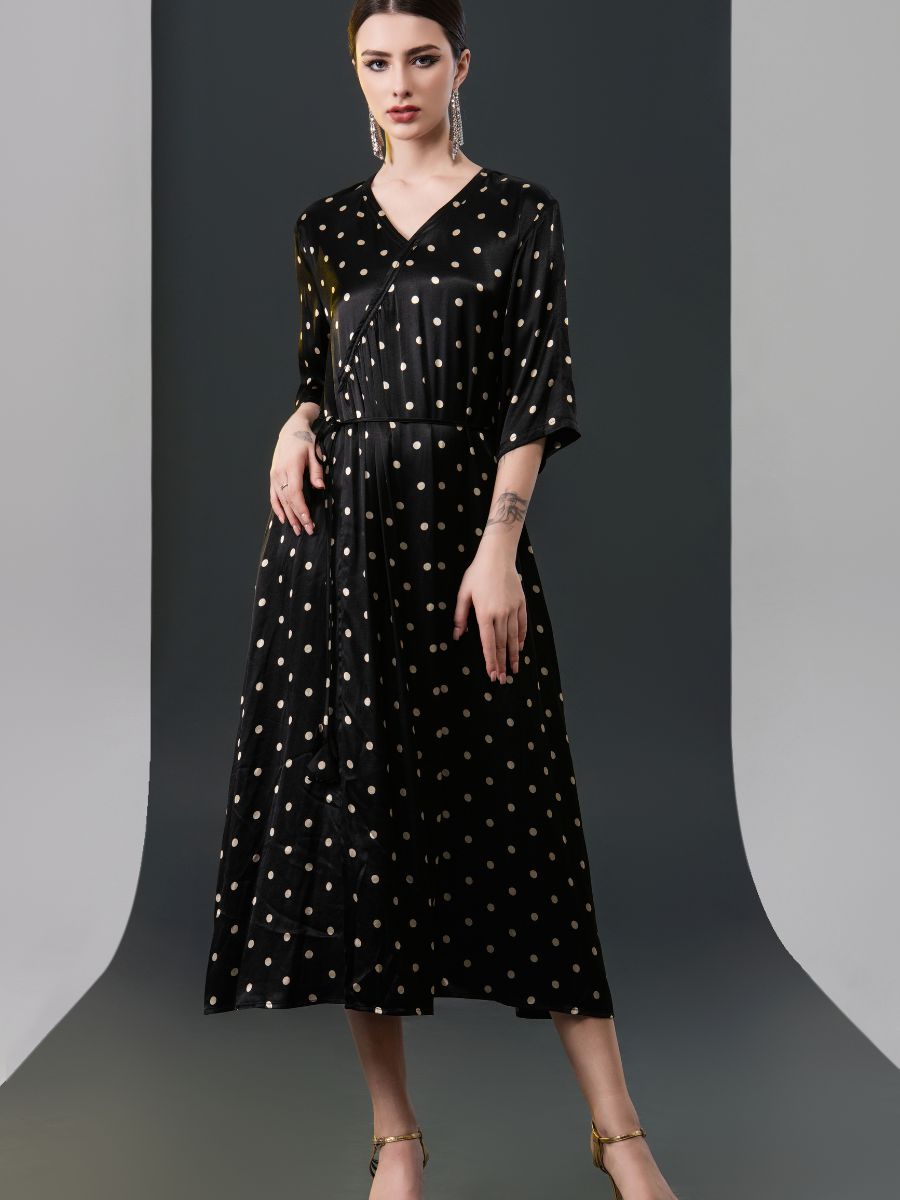 Black Polka Dot Wrap Dress with V-Neck