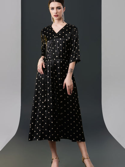 Black Polka Dot Wrap Dress with V-Neck