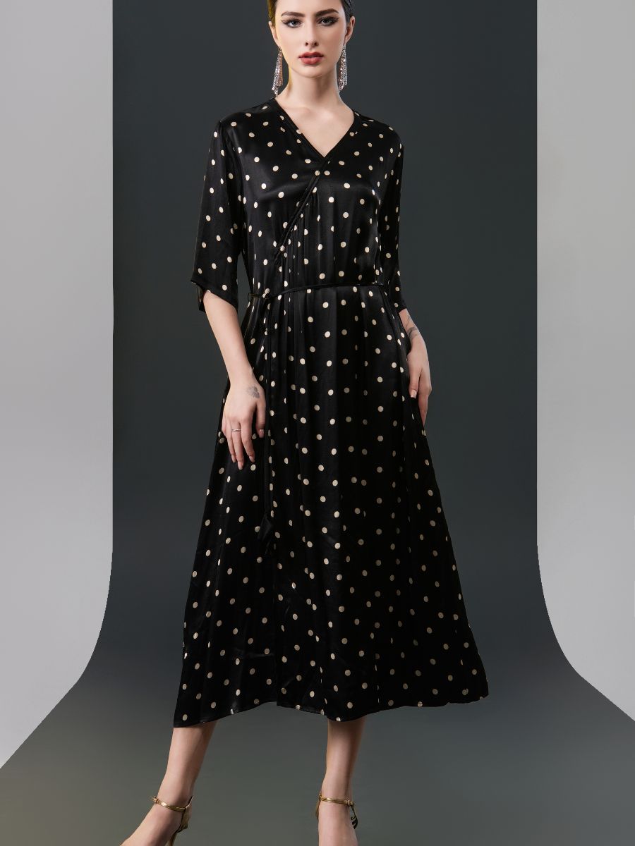 Black Polka Dot Wrap Dress with V-Neck