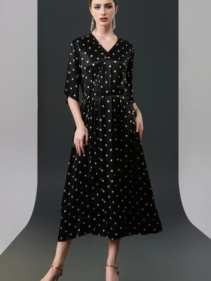 Black Polka Dot Wrap Dress with V-Neck