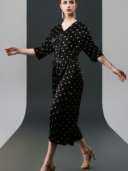 Black Polka Dot Wrap Dress with V-Neck