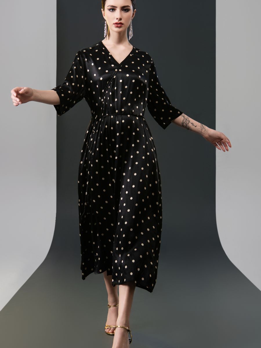 Black Polka Dot Wrap Dress with V-Neck