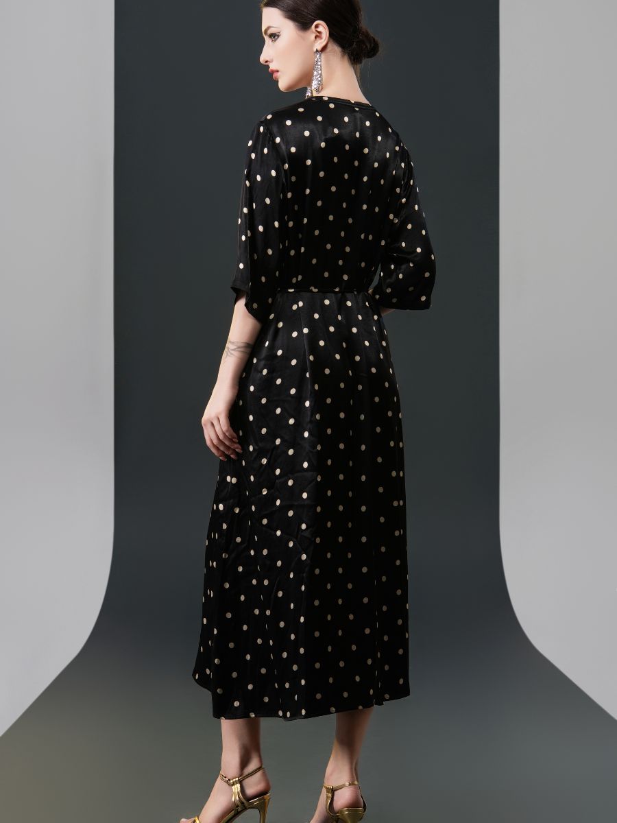 Black Polka Dot Wrap Dress with V-Neck