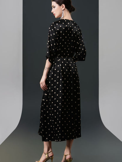 Black Polka Dot Wrap Dress with V-Neck