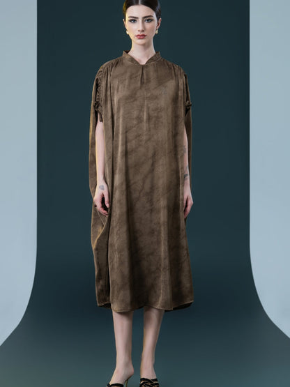 Elegant Brown High-Collar Dress with Gathered Sleeve Detailing