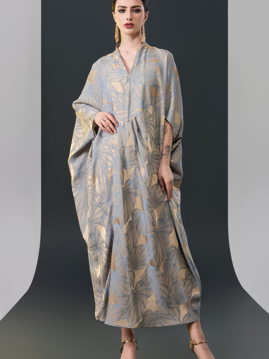 Silver and Beige Leaf Print Kaftan Dress