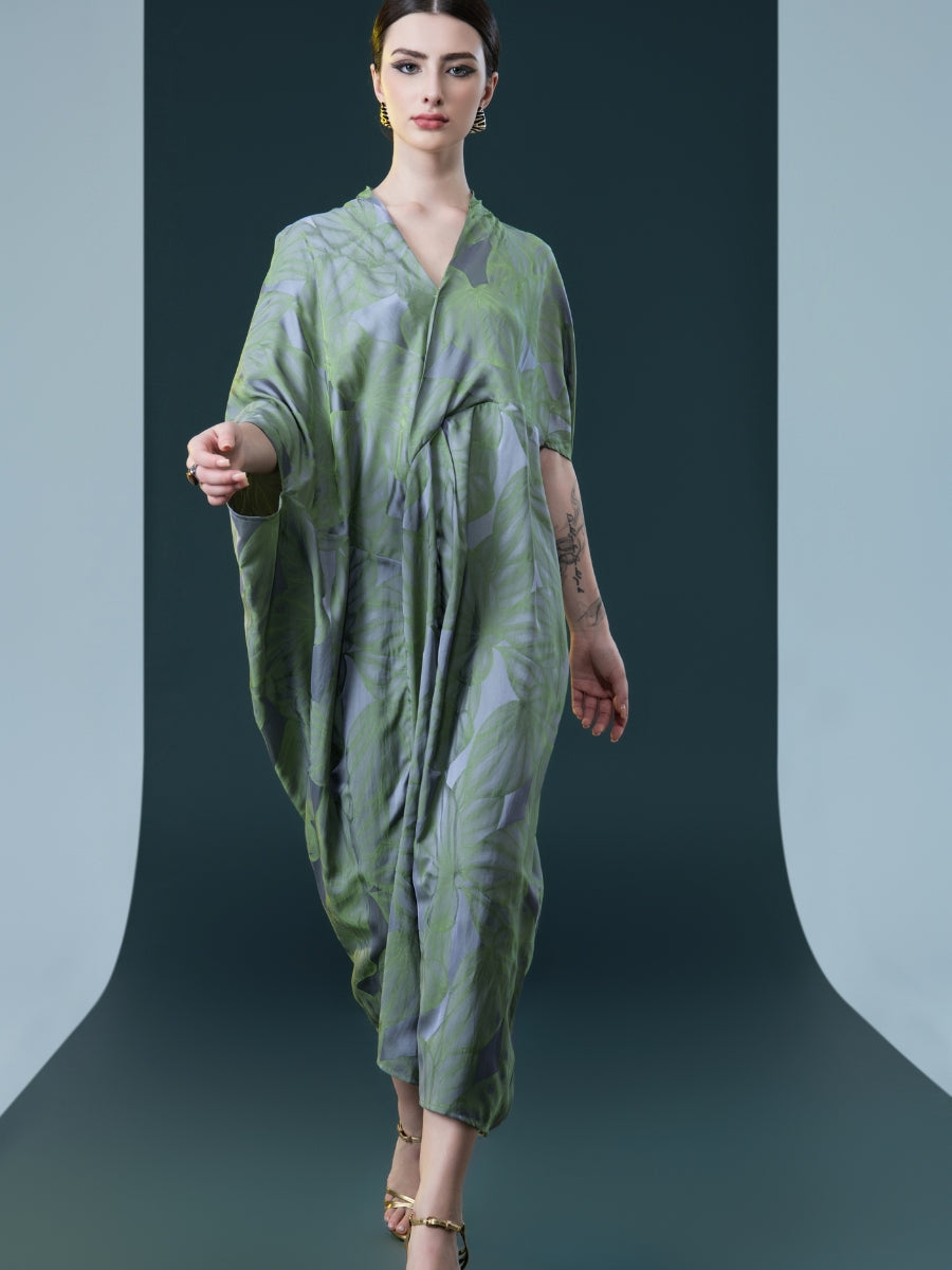Silver and Beige Leaf Print Kaftan Dress