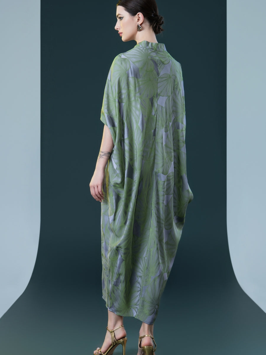 Silver and Beige Leaf Print Kaftan Dress