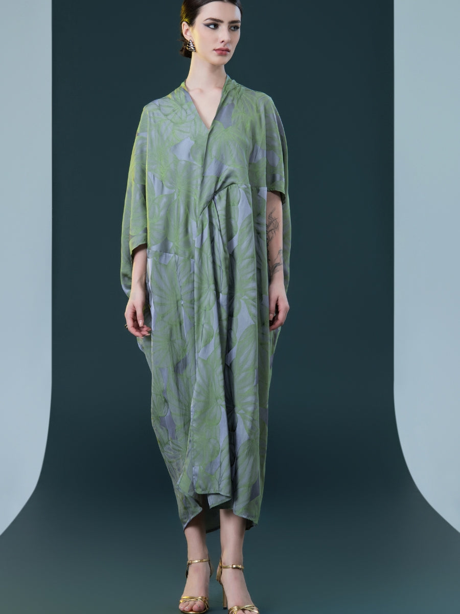 Silver and Beige Leaf Print Kaftan Dress