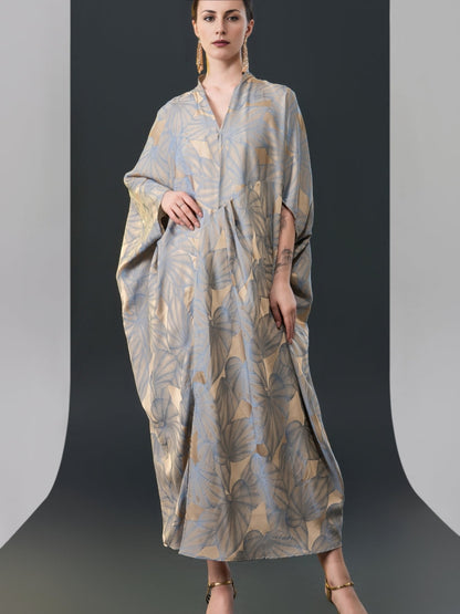 Silver and Beige Leaf Print Kaftan Dress