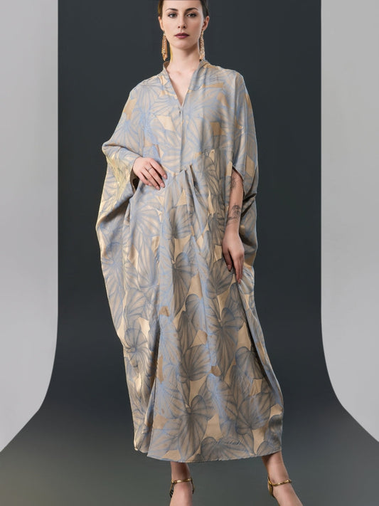 Silver and Beige Leaf Print Kaftan Dress