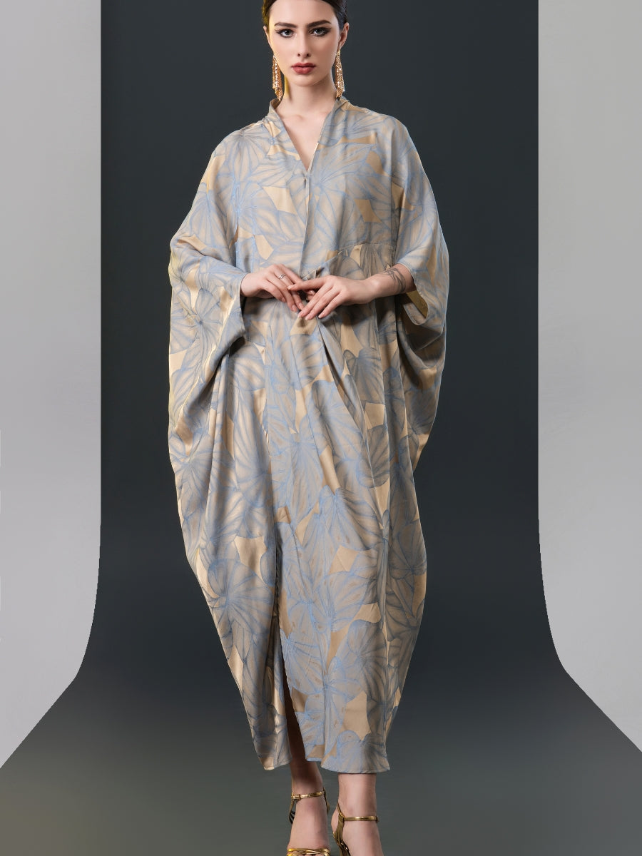 Silver and Beige Leaf Print Kaftan Dress