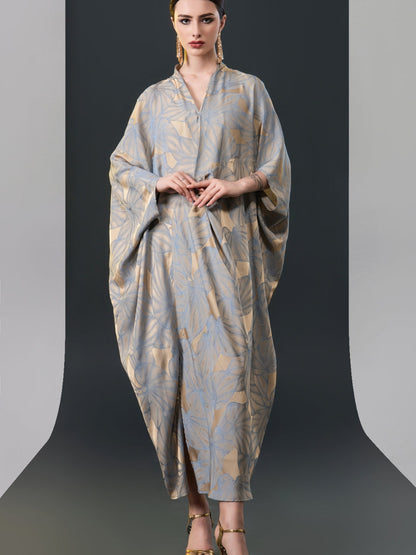 Silver and Beige Leaf Print Kaftan Dress