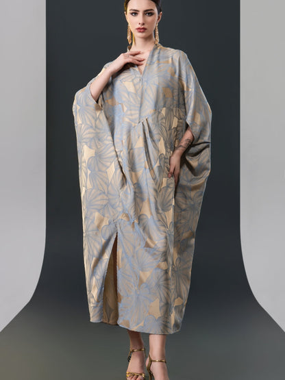 Silver and Beige Leaf Print Kaftan Dress