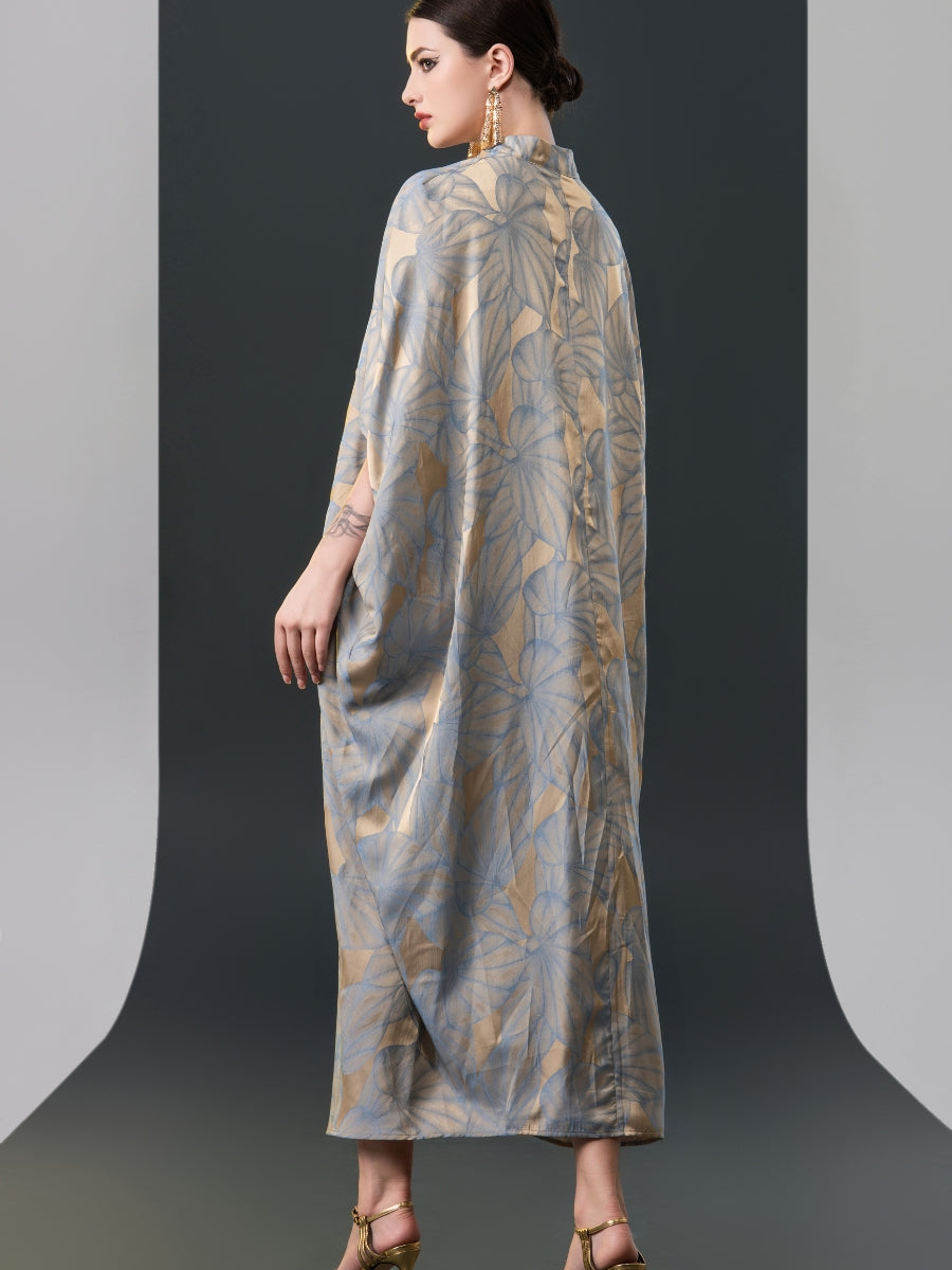 Silver and Beige Leaf Print Kaftan Dress