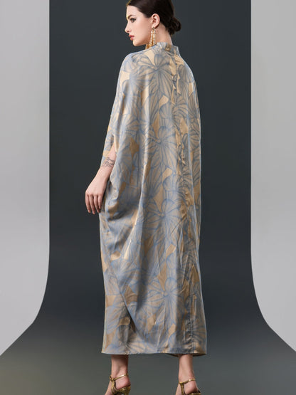 Silver and Beige Leaf Print Kaftan Dress