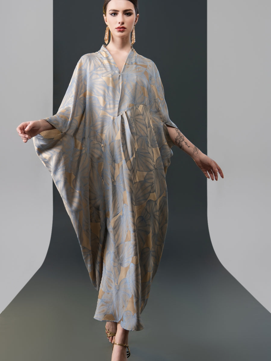 Silver and Beige Leaf Print Kaftan Dress