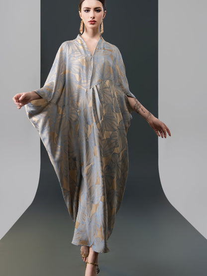 Silver and Beige Leaf Print Kaftan Dress
