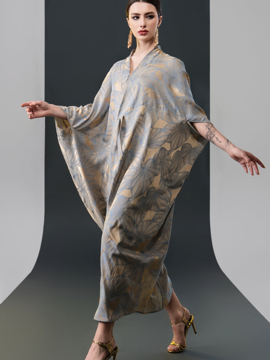 Silver and Beige Leaf Print Kaftan Dress