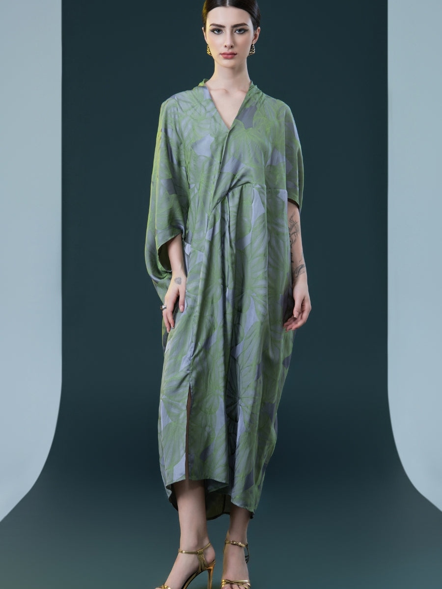 Silver and Beige Leaf Print Kaftan Dress