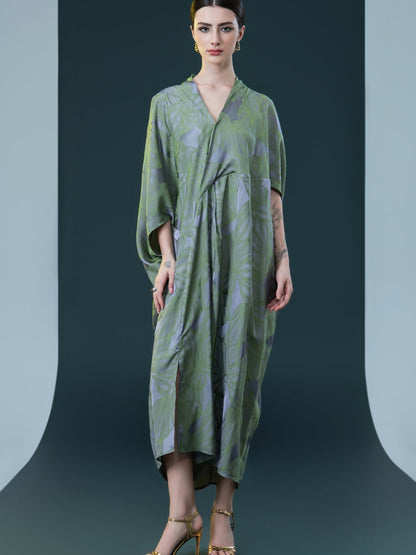 Silver and Beige Leaf Print Kaftan Dress